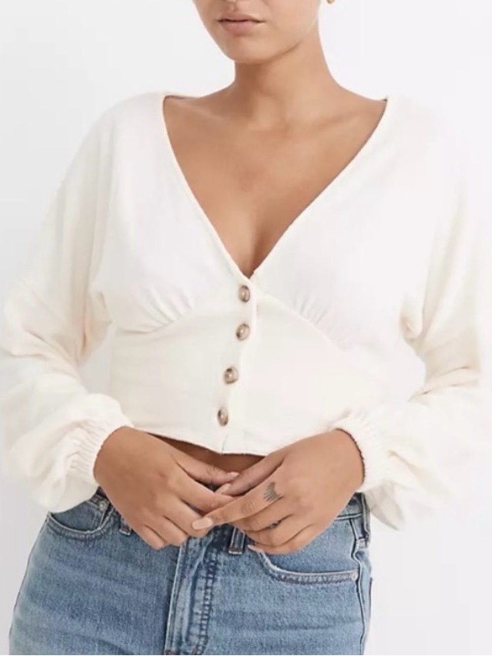Madewell Deep V Button Front
Crop Beige Top 100% Cotton Size XL